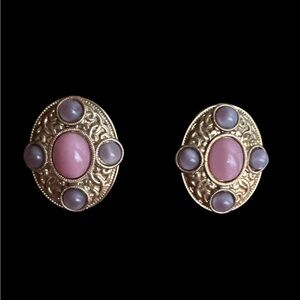 Vintage Gold Tone Oval Cabochon Earrings Pink & Lavender Stones